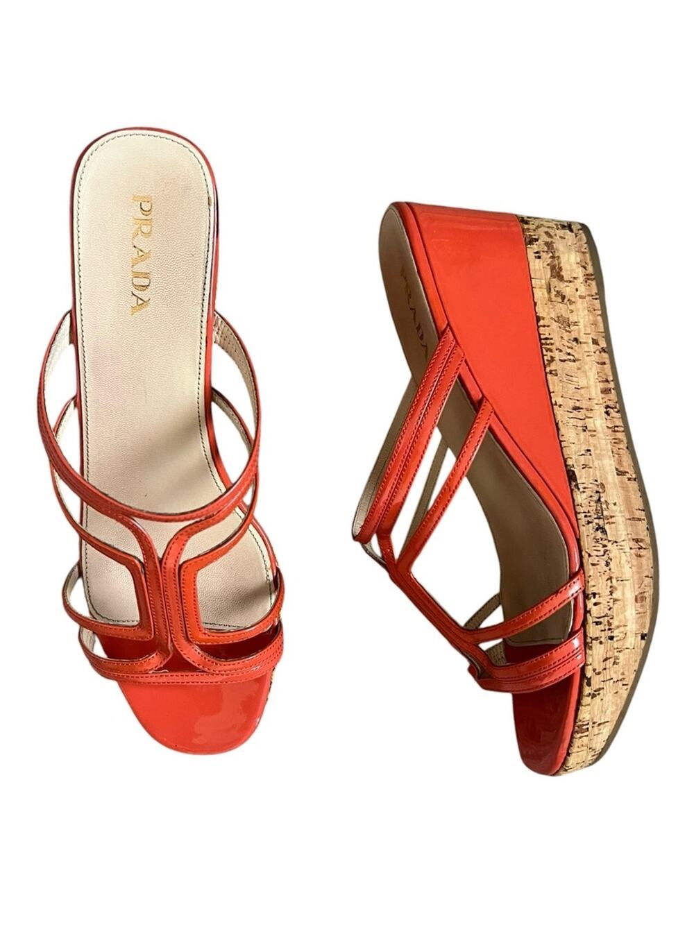 Prada Women’s Vintage Y2K Orange Patent Leather Strappy Wedge Sandal Heel Sz 40